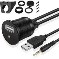 Car Dashboard Panel USB & 3.5mm AUX Audio Jack Flush Mount Waterproof Cable 1M/3FT Extension Cord for Truck Boat Motorcycle