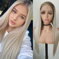 WIF Brown Ombre Blonde Synthetic Wig 13 x 4 Lace Front Wig Natural Hairline Straight Women Daily Use Free Part Hair