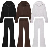 Autumn New Women's Casual Lapel LongSved Zipper Fce J Fashion Set Winter Warmth Style Ladies' Clothing Ensemble