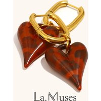 La. Muses Acrylic Leopard Pattern Love Pendant Stainless Steel Women's Earstuds PVD Plated Fashion Autumn Jewelry Accessories
