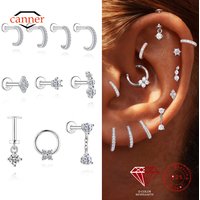CANNER 1PC Moissanite Classic Flat Head Threaded Cartilage 925 Sterling Silver Stud Earrings For Women Ins Piercing Jewelry Gift