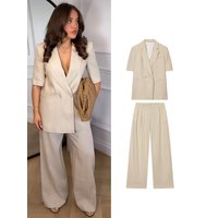 TFMLN 2026 Women's Blazer Jacket Suit Elegant Short Sleeve Double Breasted Slim Fit Jackets Straight Pants Lady Commuter Set