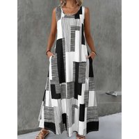 Women's Black White Geometric Print Sleeveless Maxi Dress Summer Casual Round Neck Loose Long Sundress With Pocket