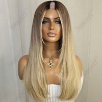 Women's Silk Straight 100% 1X4 Size U Part Wigs Human Hair Layered Ash Blonde Ombre Remy European Dark Roots Glueless V Part Wig