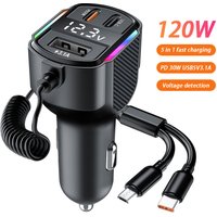 5 in 1 120W Car Charger Car Cigarette Lighter Adapter USB Type-C with Fast Charging Cable For IPhone Xiaomi Huawei Samsung