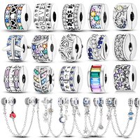 Silver Plated Clip Shiny CZ Heart Clip Charm Flower Bead Safey Chain Stopper Fit Original Bangle Bracelet Jewelry DIY