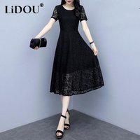 Summer New Elegant Fashion Black Lace Dress Women Oversized Short Sleeve Slim High Waist Temperament Robe Vestido Female Clothes