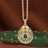 Sunspicems Crystal Arabic Pendant Necklace for Women Gold Color Algeria Water Droplets Design Hollow Metal Arabesque Jewelry