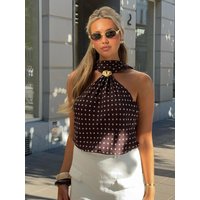HH Women Fashion Polka Dot Printed Scarf Metal Buckle Slim Top Woman Summer Sexy Sleeveless Backless Neck Halter Party Top