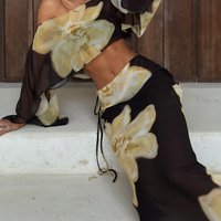 Holiday Printed Camisole Women's Suit Sexy Off Shoulder Top with Long Pants Two Piece Set Fashion Pattern Printed Beach Outfit