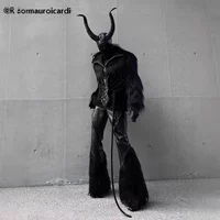 Steampunk Sinter Faux Fur Warm Crop Jacket Halloween Horror Demon Cosplay Costume Hooded Shaggy Black Gothic Fluffy Coat