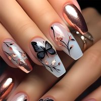 24pcs Press on Nails Rose Gold Glitter French Butterfly Full Coverage Nail Tips for Women and Girl Removable Wearable Nail Art
