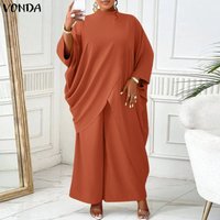 Women Summer Plus Size Sets VONDA Fashion Solid Color Irregular Hem Tops Blouse Wide Leg Pants Two-Piece Sets OL Party Work 2PCS