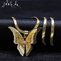 2023 Butterfly Hollow Carved Rhinestone Pendant Necklace for Women Gold Color Stainless Steel Snake Chain Necklace Jewelry N4155