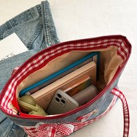Retro Lattice Lace Bow Shoulder Bag Lovely Rural Style Denim Plaid Handbag Leisure Vintage Commuting Tote Bag Women