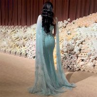 Customized Elegant Green Evening Wedding Mermaid Dress Women Beaded Crisscross Neck Cape Sleeve Sequin Cocktail Formal Prom Gown