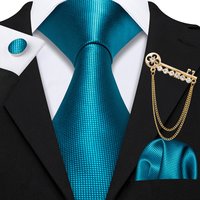 Cravate de mode bleu sarcelle pour homme avec broche, pochette de costume et boutons de manchette – Ensemble élégant de cravates unies pour marié, mariage et fête 0221