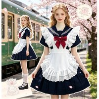Plus Size Japanese Cyanotic Long Sleeve Sailor Suit,JK Uniform Lolita Maid Cosplay Costume Maid Dress for Women Party Daily Wear