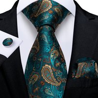 8cm Men's Polyester Ties Pocket Square Cufflinks Green Gold Paisley Wedding Party Accessories Necktie Gift