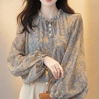 Fashionable Spring Summer Chiffon Shirt Women's Long Sleeve Thin Top Lantern Sleeve Floral Print Casual Elegant Top