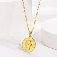 Stainless Steel Portrait Queen Coin Necklace Fashion Gold Color Round Coin Carved Queen Pendant Choker Waterproof Female Jewelry