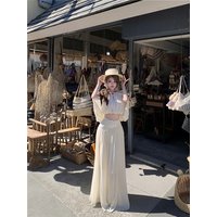 Slimming High Waist round Neck Cape Top with Skirt And Tie Clip Spring Fashion JingLI Vacation Style Light Beige Color
