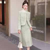 New High Quality Elegant Tweed Two Piece Set for women Tassel Long Sleeve Jacket Coat + High Waist Skirt Sets Office Lady Suit