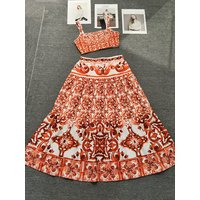 2026 Summer Women's Clothing Retro Geometric Printed Suspenders Tube Tops Two-piece Set + Loose A-Line Skirt Fashion Suit