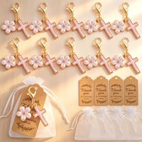 10-50 Sets Gold Cross Flower Keychains Zinc Alloy Lobster Claw Thank Card Gauze Bag DIY Craft Wedding Favors Guests