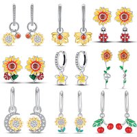 Boucles d'oreilles pour femmes, plaque en argent 100% 925, pendentif tournesol doré cerise, bijoux fins pour fête de fiançailles et de mariage, cadeaux