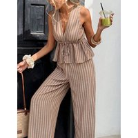 Striped V-neck Vest High Waist Wide Leg Pants Set Women's Casual Sportswear Two-Piece Suit High Waist Long Pants No Sleeve