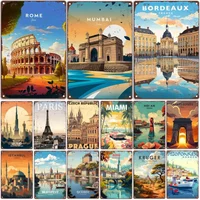 HD Tin Sign Vintage World Travel City Wall Decor - Retro Rome Paris Dubai Miami Travel Poster Art Metal Tin Sign for Travel Love