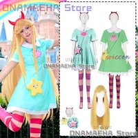 Anime Star Butterfly Cosplay Star Butterfly Star vs. the Forces of Evil Green Dress Wig Headwear Socks Halloween Fancy Costume