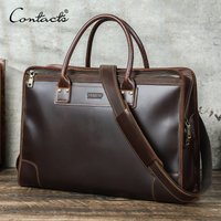 CONTACT'S Genuine Leather Men Business Bags Office Briefcase Leather Work Bag Shoulder Messenger Bag 14” Tote Laptop Bags Male