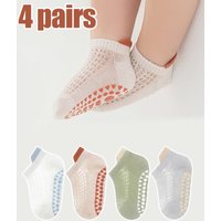 4 pairs of boys and girls' anti slip socks with cute cartoon animal patterns, comfortable and breathable baby floor socks