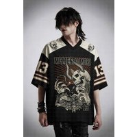 V Neck Football Jersey Vintage Horned Demon Skull Snake Memento Mori Print Black Cream Orange Striped Sleeve Loose Sport Tee