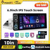Podofo 4+64G Android 1DIN Radio Samochodowe Carplay z Ekranem HD 6.9'', Nawigacja GPS, Bluetooth, Odtwarzacz USB, WIFI, Mirror Link, EQ, FM, RDS, Audio Samochodowe