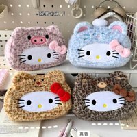 Hello Kitty Plush Pencil Case New Leopard Print Japanese Style Large Capacity Ins Aesthetic Stationery Pouch For Adult Daily Use
