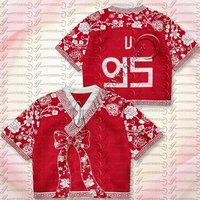 Kpop SUGA 93 Hanbok Style V-Neck Crop Top Red Floral Print Short Sleeve Jersey T-Shirt for Fans 2026