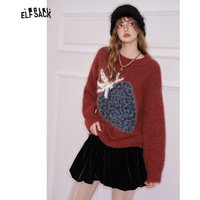 ELFSACK Minimalist Casual Loose Fruit Graphic Lace Bow 3D Embellishment Round Neck Sweater For Women