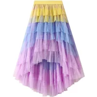 Women's Tulle Skirt Ruffle Multilayer Mesh A Line Tier Tutu Prom Irregular High Waisted Gradient Rainbow TulleLong Skirt