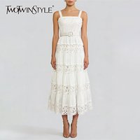 TWOTWINSTYLE Slimming Hollow Out Spliced Shirring Long Dress for Women Square Neck Sleeveless Patchwork Belt Dresses Female New