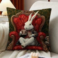 1pc Elegant Victorian White Rabbit Pillow Cover, 2D Double-Sided Print Polyester Pillowcase, Royal Armchair & Tea Cup Decor, Sop