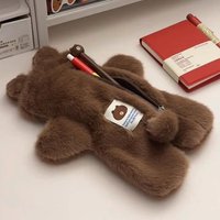 Kawaii Plush Brown Cartoon Bear Alien Pencil Case Student Stationery Large Capacity Storage Pen Bag Cute Girl Makeup Bag Gifts