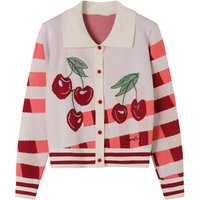 Vintage Striped Cherry Embroidered Knitted Cardigan Women Autumn Winter Long Sleeve Turn-down Collar Short Sweater Knitwear Tops