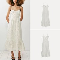 Summer 2026 Women's V-neck Embroidered Polka Dot Print Strap Dress Casual Style A-line Skirt Hollow out Design Sleeveless Dress