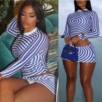 HLJ&GG Blue Trend Stripe Print Mini Skirts Two Piece Sets Women O Neck Long Sleeve Crop Top And Skirts Outfit Fashion Streetwear