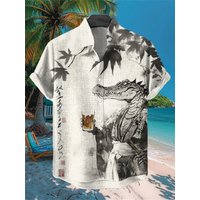 Men's Fashionable Linen Short Sleeve Shirt Stand up Collar Printed Button up Outdoor Casual Social Clothing