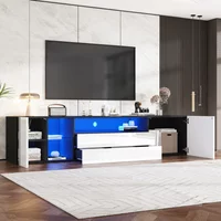 Meuble TV à panneau bas LED haute brillance, meuble TV avec 2 tiroirs et 2 armoires, pour TV 75 pouces, meuble TV divisé noir et blanc