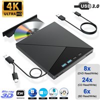 External 4K Blu ray Optical Drive Portable CD DVD +/-RW Player for Laptop PC Bluray Burner with USB 3.0 Type-C SD TF Card Slots
